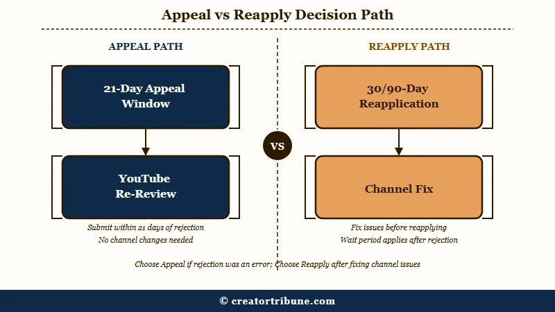 YouTube monetization appeal vs reapply decision tree