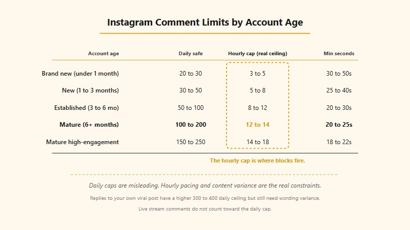 Instagram comment daily and hourly limits by account age