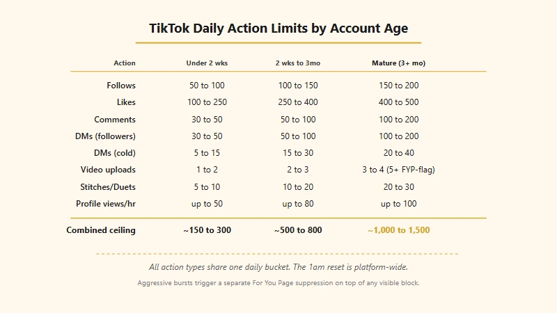 TikTok daily action limits cheat sheet by account age