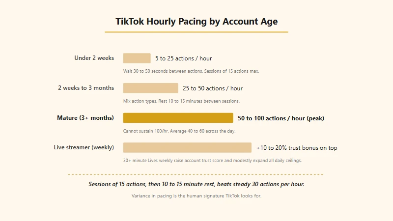 TikTok safe hourly pacing rates by account age