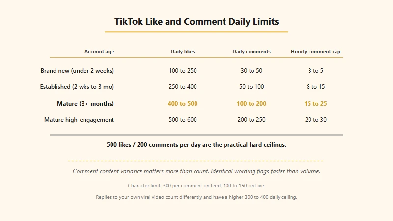 TikTok daily like and comment limits by account age