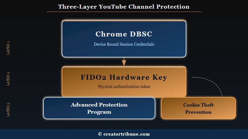Diagram showing three-layer protection strategy with Chrome DBSC, FIDO2 keys, and Google Advanced Protection