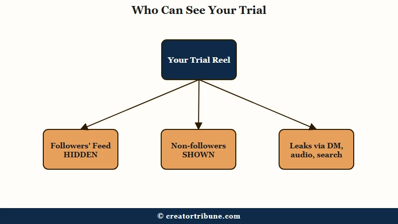 Trial reels are hidden from followers' feeds, shown to non-followers, and can leak via DM, audio pages and search