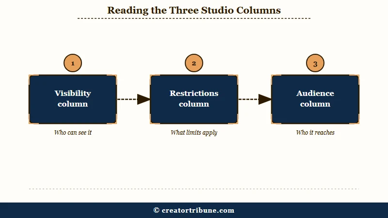 Check the Visibility Restrictions and Audience columns in YouTube Studio to identify the cause